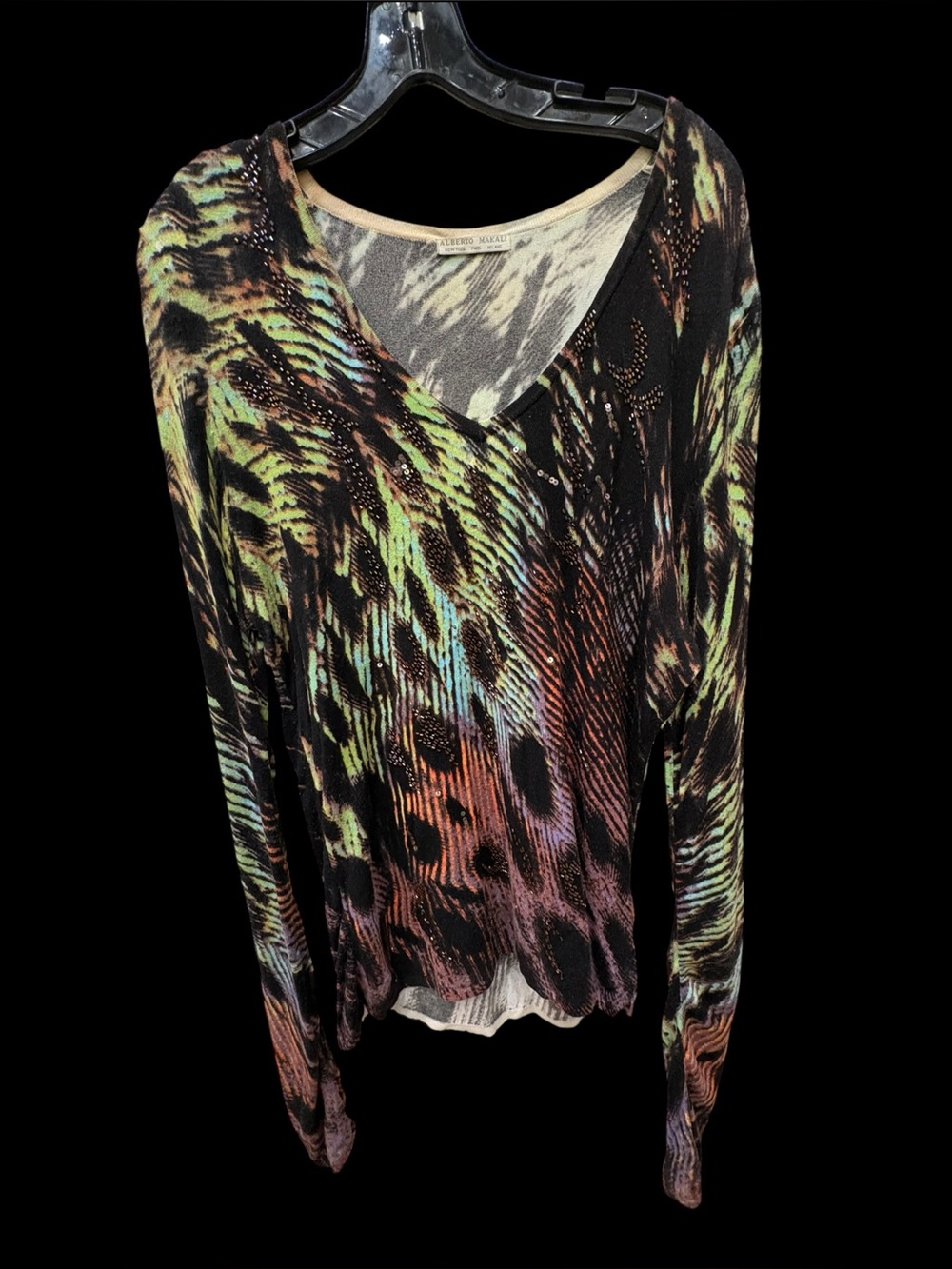 Alberto Makali Animal Print Sequin V Neck Top Green Black Size S